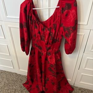 Vixen by Micheline Pitt Red Black Floral Long Sleeve Dress